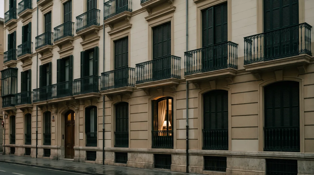 Modelo 210: fachada de un edificio de viviendas español con balcones de hierro al atardecer